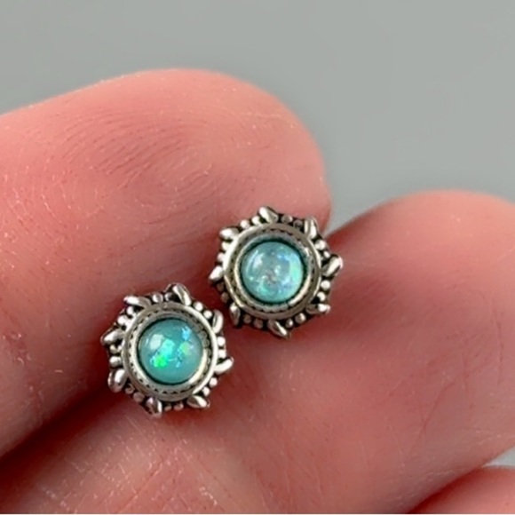 Sterling Silver Opal Studs - Classic Hypoallergenic Earrings - Picture 7 of 7